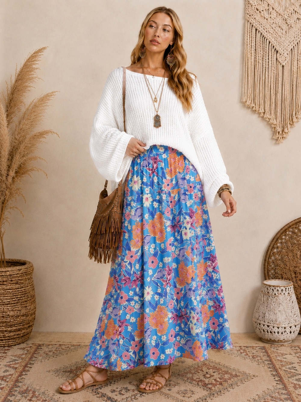 Promesa- Blue Floral Maxi Wrap Skirt with Orange & Pink Blooms various sizes - Picture 1 of 12